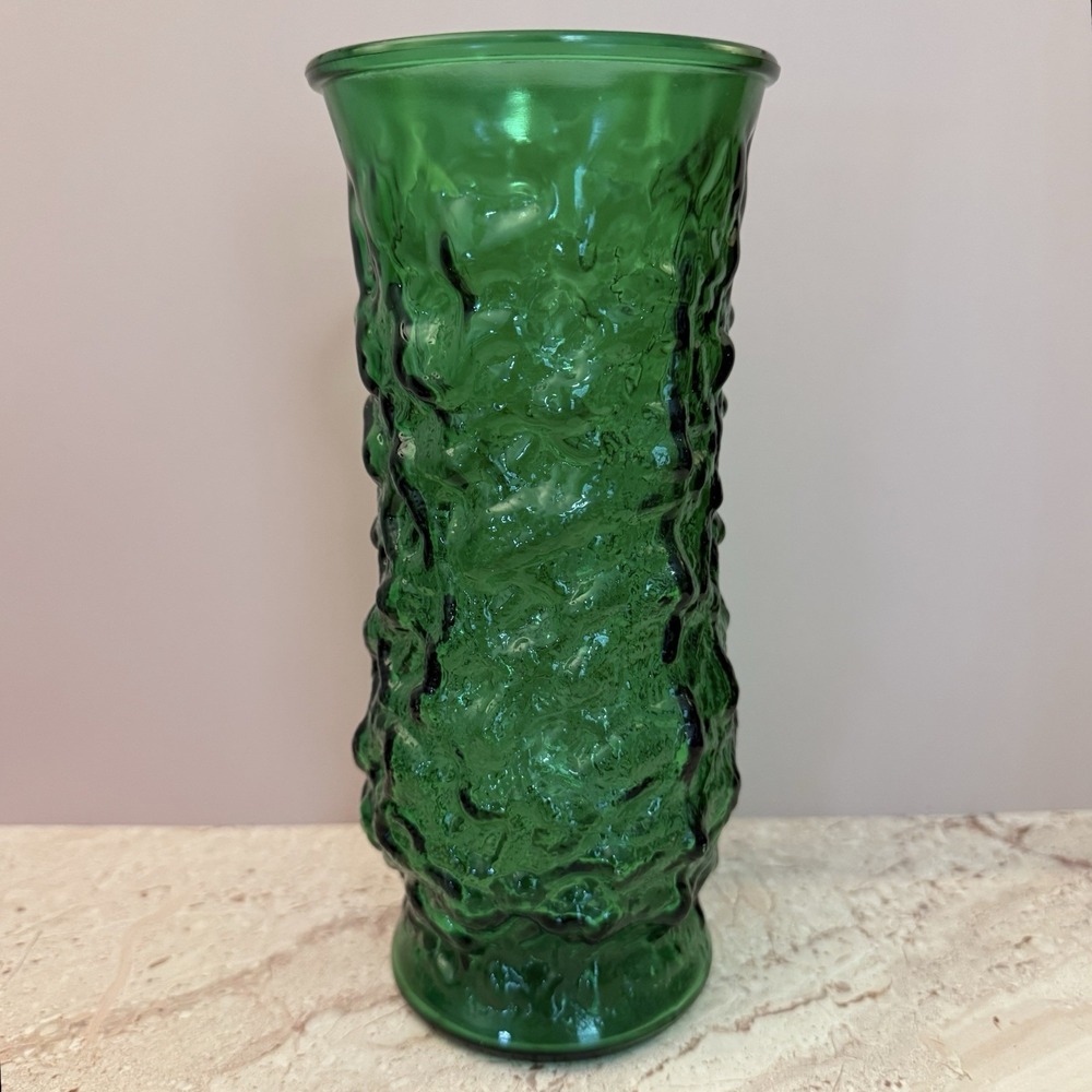 Vintage E.O. BRODY CO. Emerald Green Crinkle Art Glass Vase Mid Century Modern